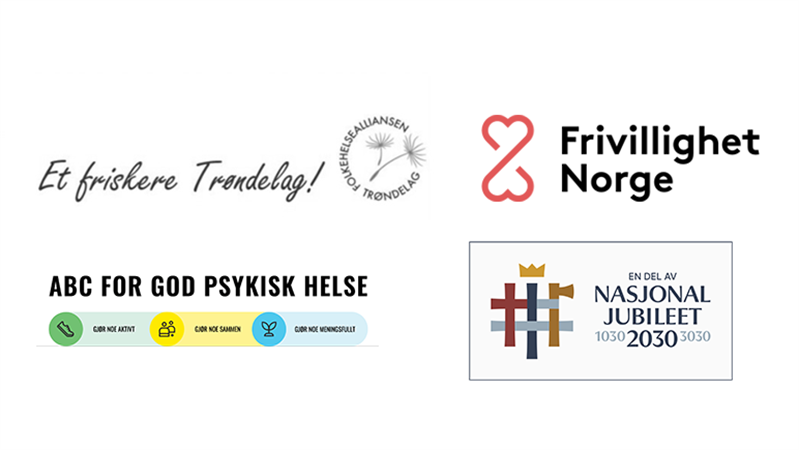 Logoen til samarbeidspartnere 2026: Folkehelsealliansen Trøndelag, Frivillighet Norge, ABC for god psykisk helse og Nasjonaljubileet 2030.