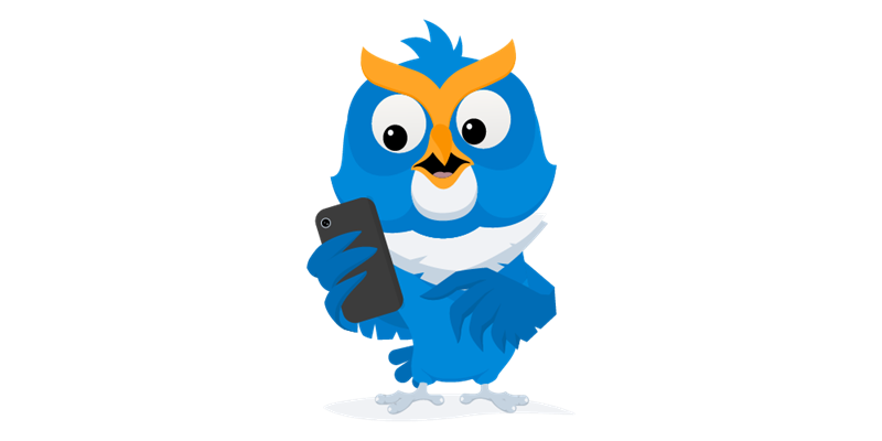 InSchool logo. Ugle som bruker mobiltelefon